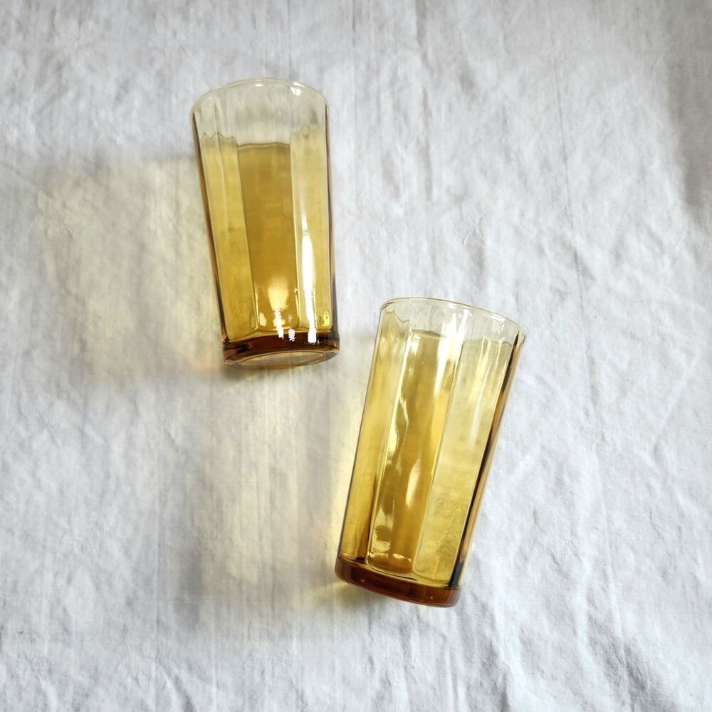 Set of 2 Mid Century Amber Glass Tumblers Geometric Glasses Barware Kitchen